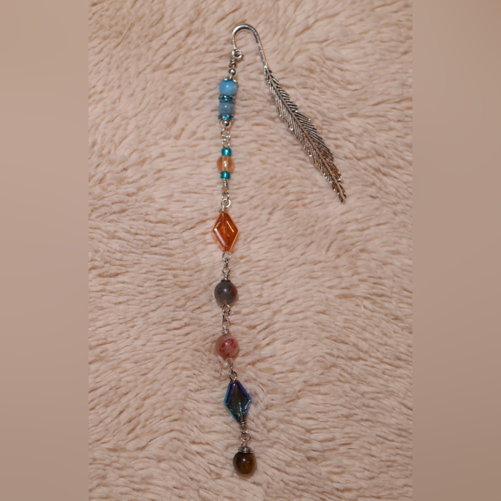 Silver Feather Bookmark with Colorful glass and gemstone beads